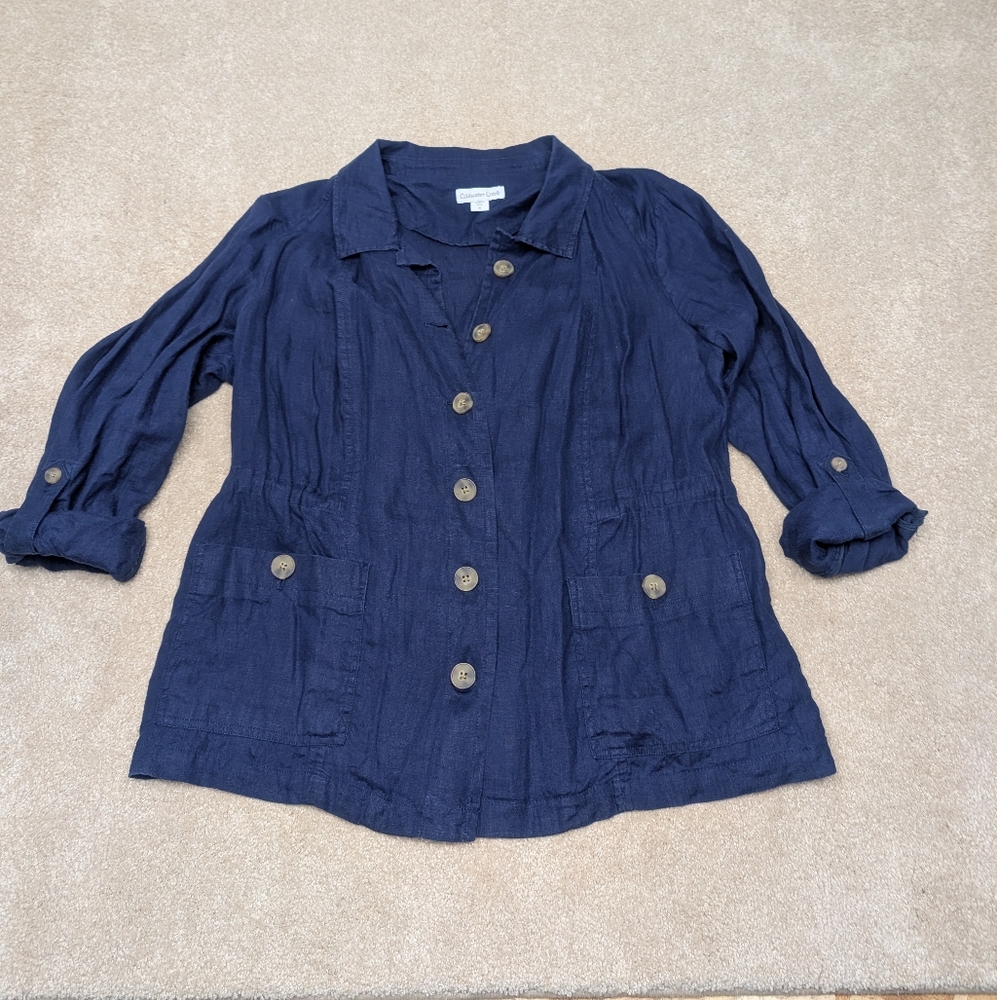 Coldwater Creek Linen Button down Blazer Navy Blue Size 16